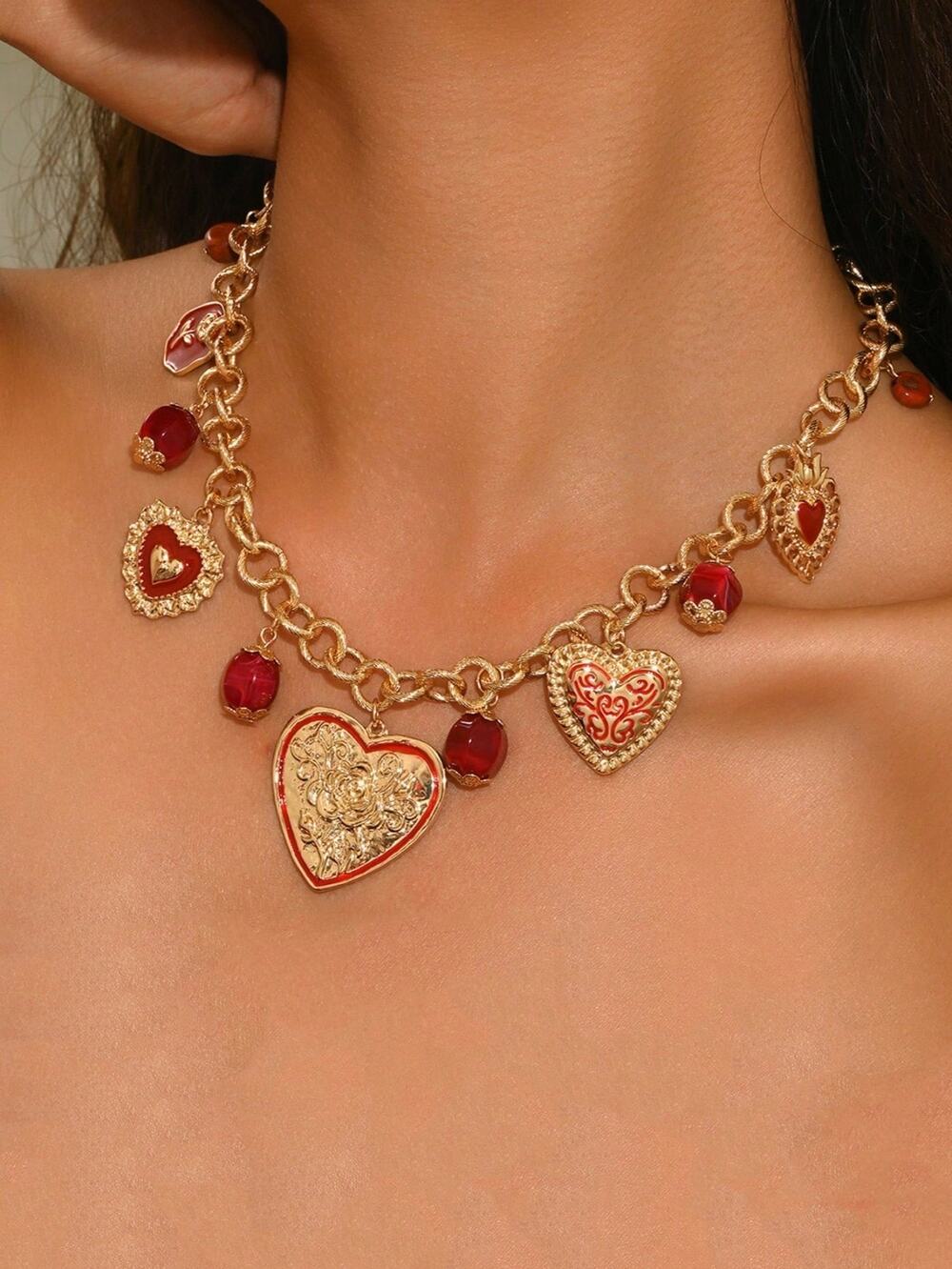 Vintage Style Heart Charm Necklace Gold Red Chunky Chain Statement Jewelry